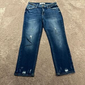 Kancan! Mild distressing front and back! Size 27. Dark wash signature denim